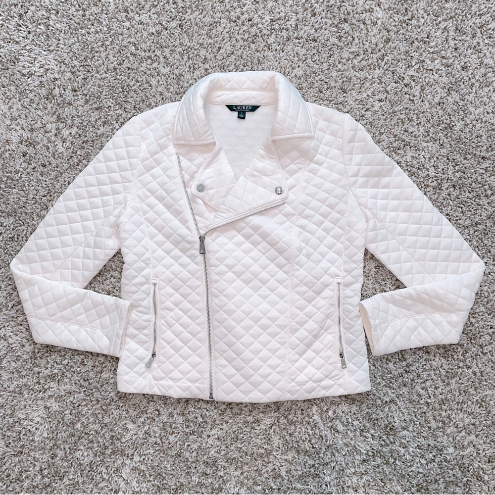 LAUREN RALPH LAUREN Soft White Quilted Zip Up Moto Jacket Size Small